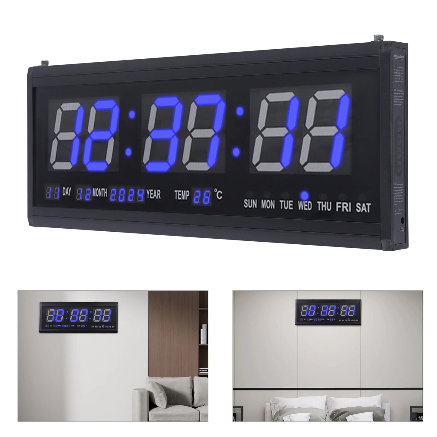 220 V große LED-Digital-Wanduhr, Zeit, Temperatur, Datum, Woche, Anzeige, automatischer Dimmer, leuchtende, leise Tischuhr, Wanduhr, 48 x 19 cm