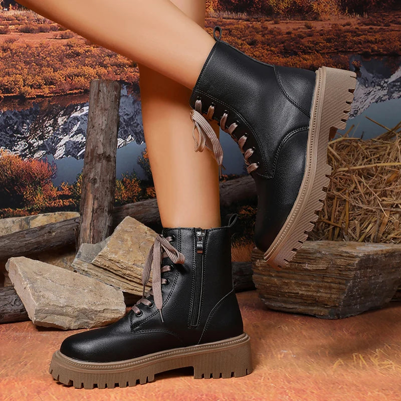 Autumn Winter Short Plush Ankle Boots Women Fashion Lace Up Pu Leather Platform Boots Woman Thick Sole Motorcycle Botas Mujer 42.