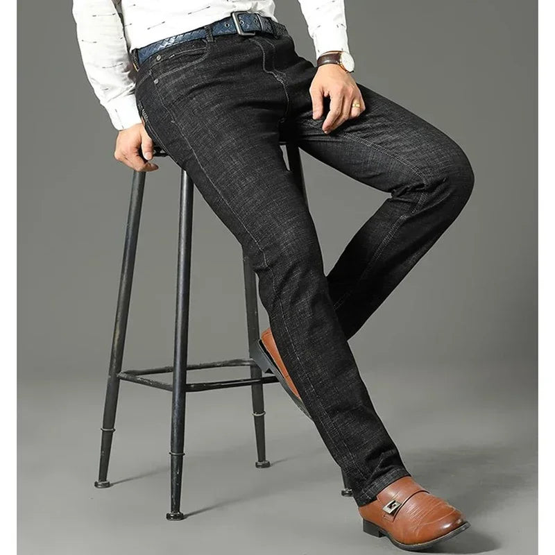 Men Fashion Stretch Jeans Male Classic Business Slim Fit Straight Leg Denim Trousers Solid Casual Long Pants.