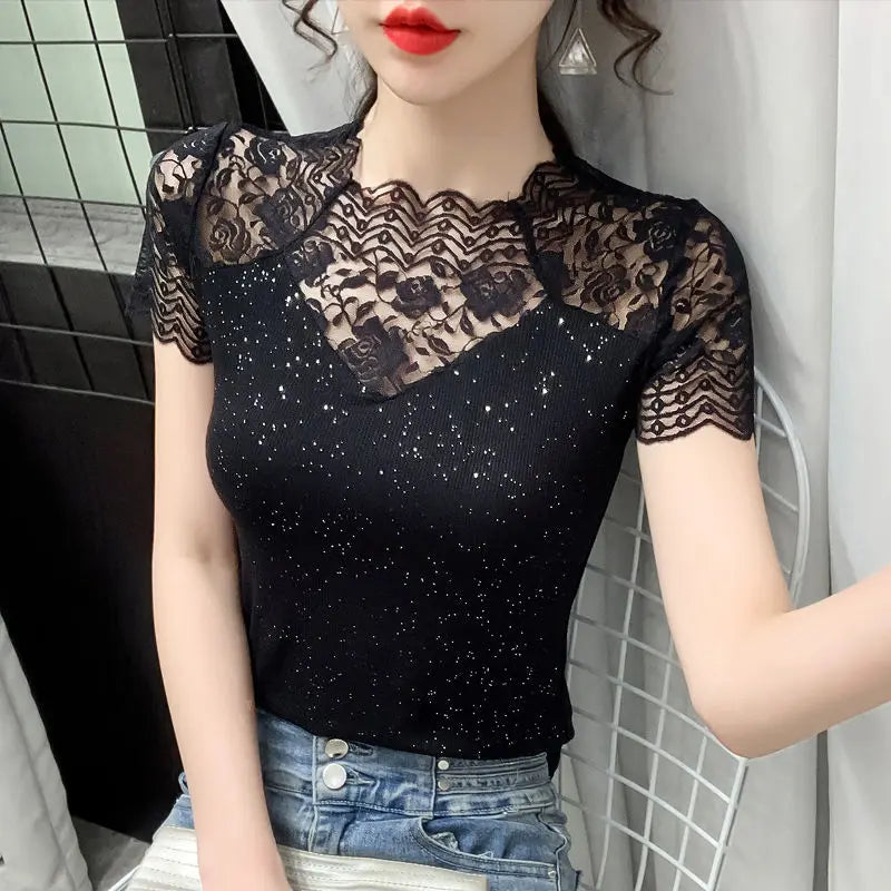 Summer Women Tops Patchwork Bright silk Mesh T shirt Pathcwork Short Sleeve Lace Shirt.
