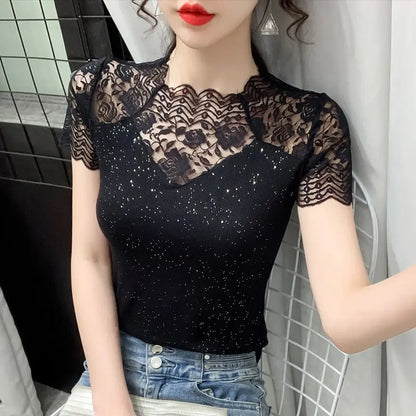 Summer Women Tops Patchwork Bright silk Mesh T shirt Pathcwork Short Sleeve Lace Shirt.
