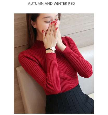 2025 herbst Frauen Mock Neck Rüschen Pullover Langarm Gestrickte Bodenbildung Solide Pullover Streifen Frauen Casual Pullover Winter