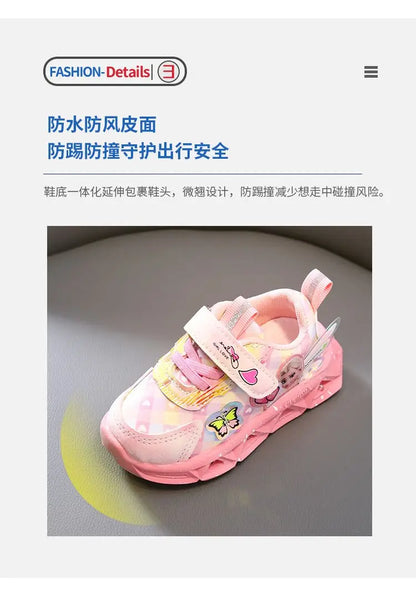 Disney LED Casual Sneakers For Spring Girls Frozen Elsa Princess Print Pu Leather Shoes Children Lighted Non-slip Pink Purple.