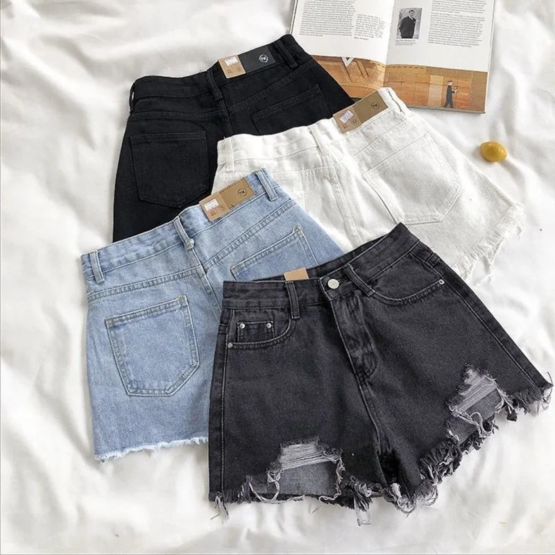 Korean Denim Holes Shorts For Women  Fashion High WaistWide Leg Short Jeans Female Designer Casual Street Short 2025 New Trend.