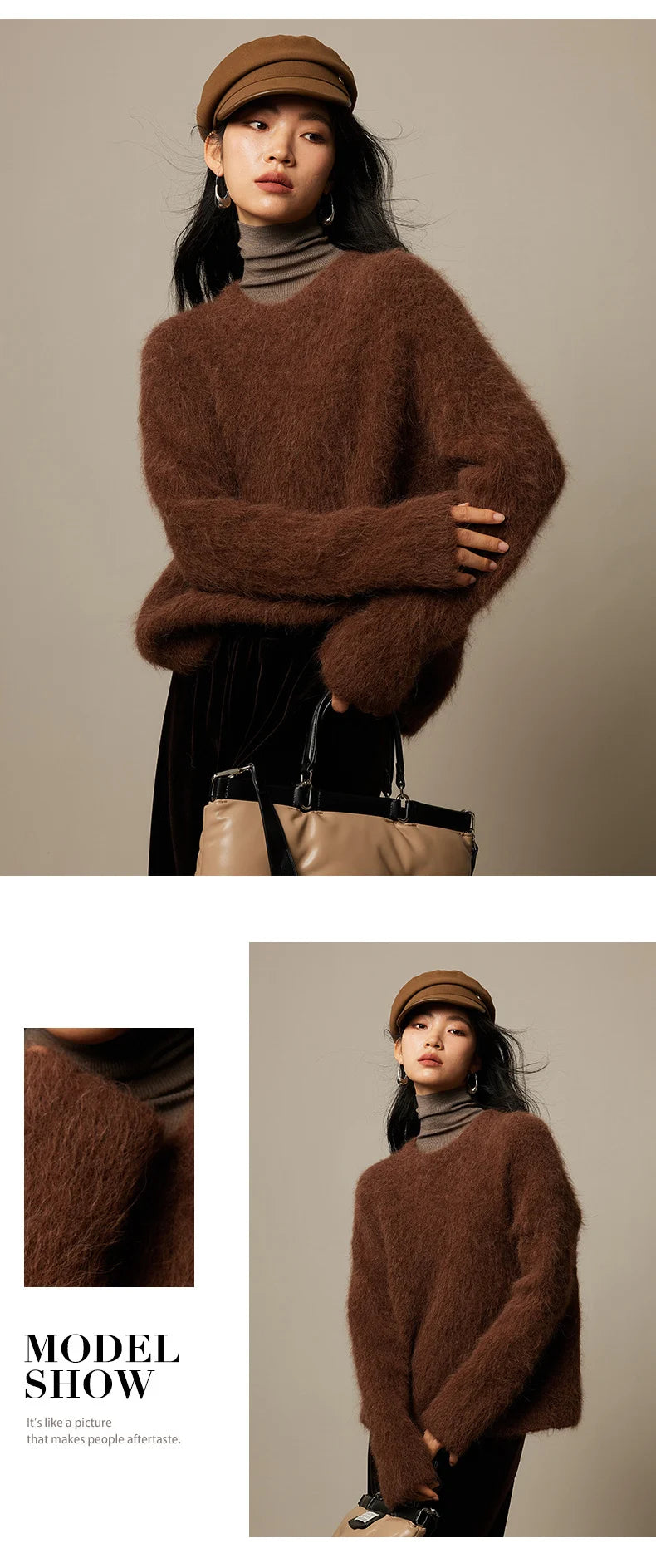 SuyaDream Warm Alpaca Pullovers for Woman, Dropped Sleeved Loose Sweaters, 2025 Fall Winter Top, Camel, Beige.