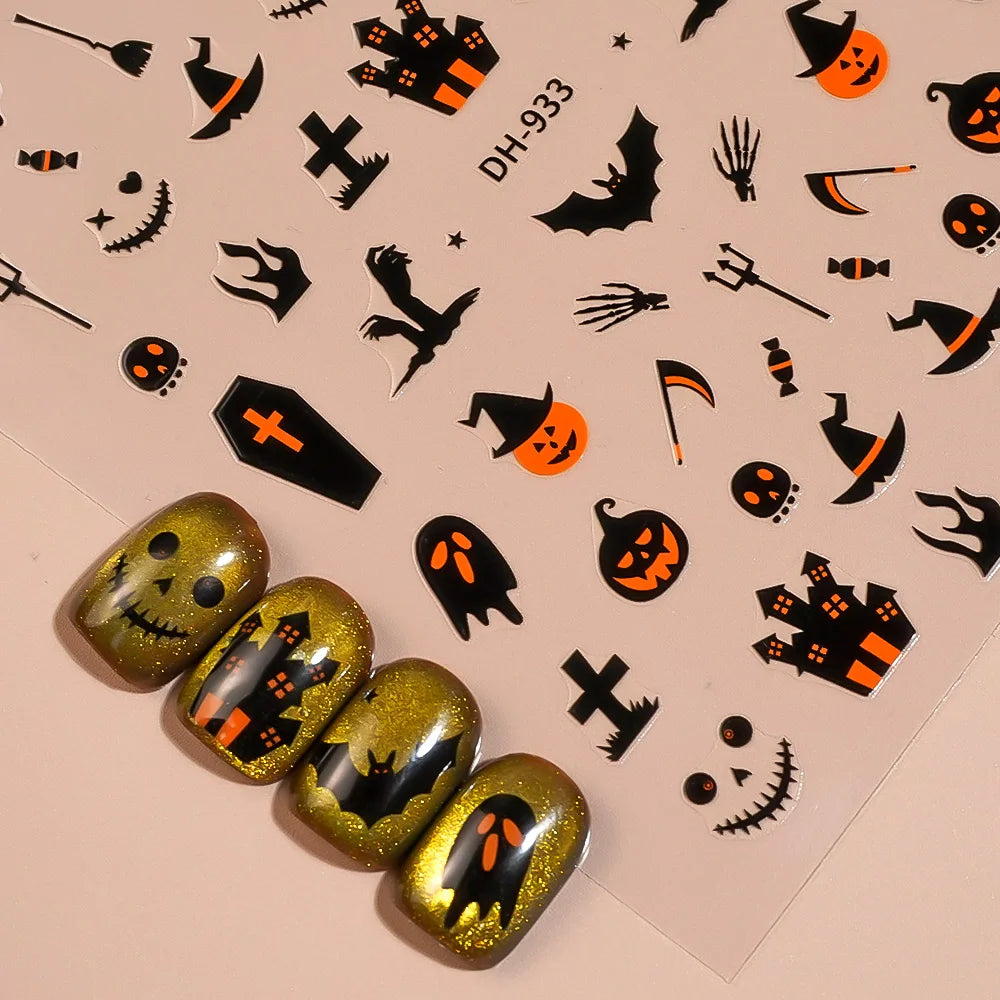 1/5pcs Demon Pumpkin Bat Skull Nail Art Stickers Halloween Dark Style Nail Stickers DIY Self Adhesive Manicure Decoration Decals.
