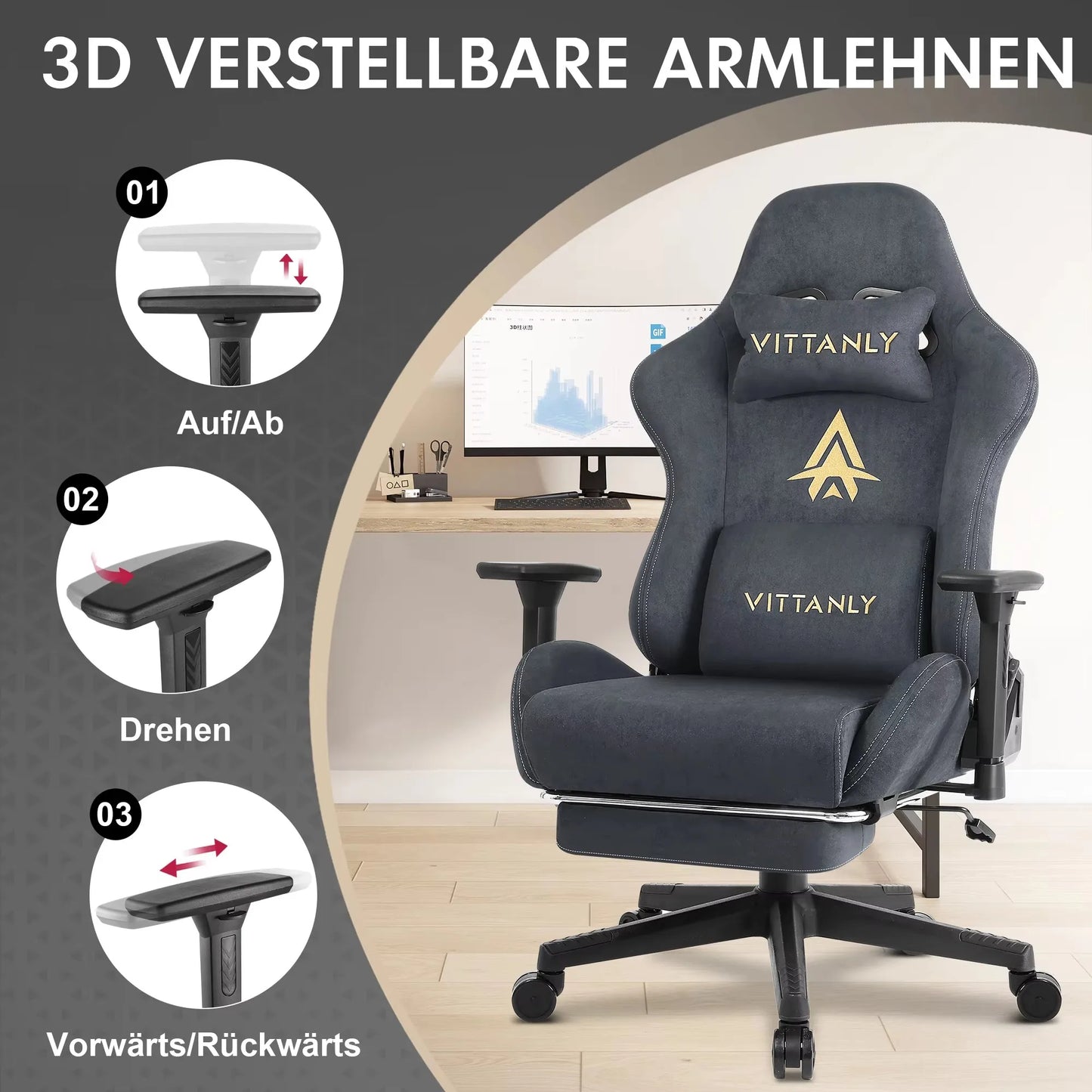 Kitinjoy Gaming-Stuhl, Computer-Bürostuhl mit Fußstütze, höhenverstellbarer Spielstuhl mit 360° ° Drehsitz und Kopfstütze