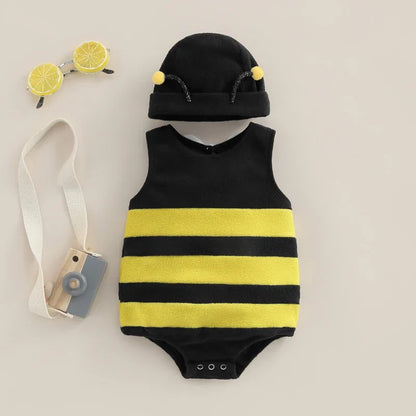 Baby Jungen Mädchen Biene Strampler Streifen Ärmellos Rücken Weiß Flügel Dekor Overalls Lässige Kostüm Kleidung Säuglingsbodysuits mit Hut.