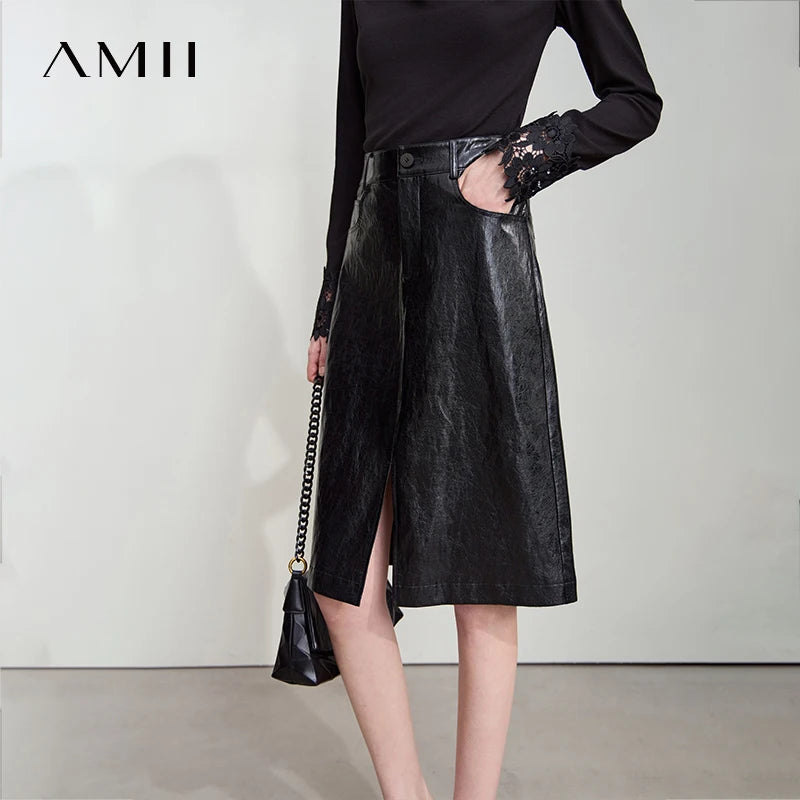 AMII Minimalist PU Leather Skirt For Women 2025 American Retro Knee-Length Skirt Solid Basics Business Women's Clothing 12553014.