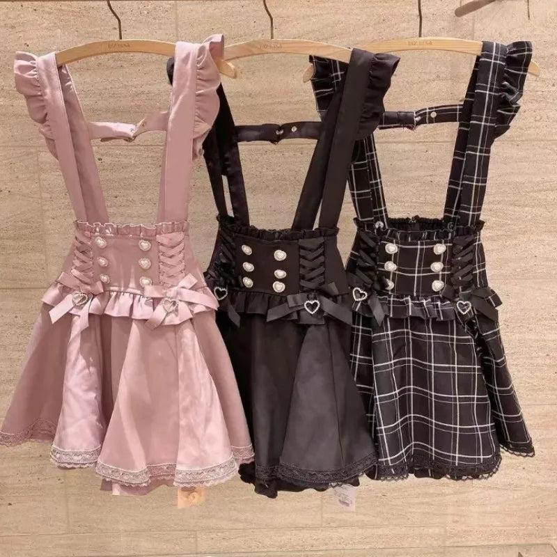 Japanese Gothic Lolita Ribbon Short Suspender plaid Skirt Girls Sweet Cute Lace A-Line Mini Skirts summer2025 black solid kawaii.