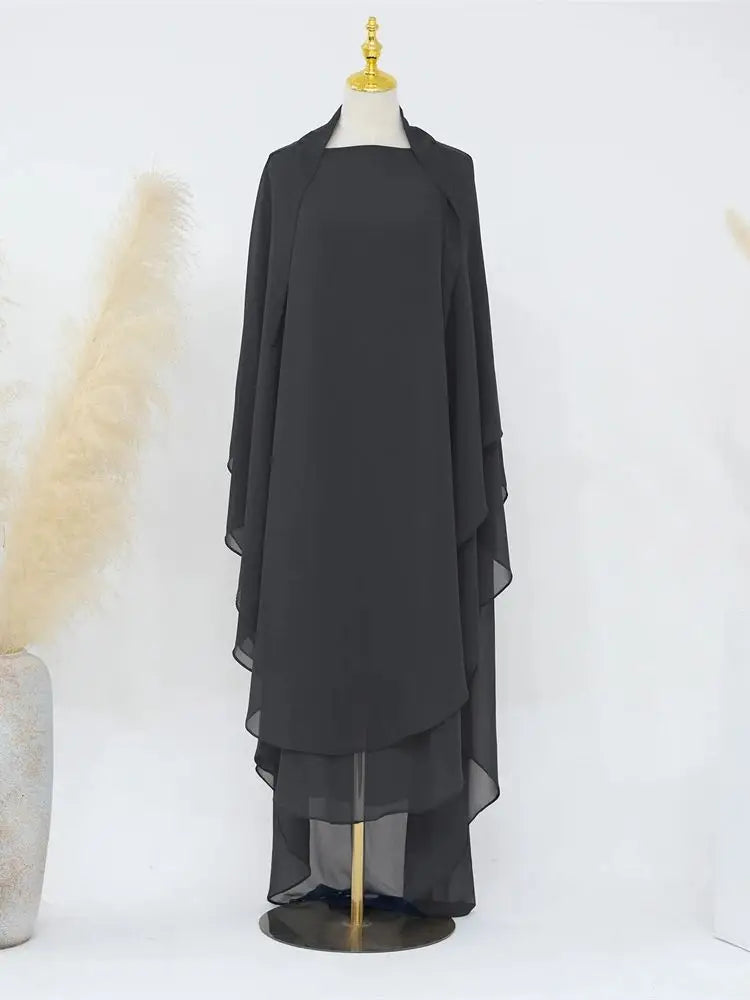 Eid Chiffon Gray Black White Khimar Abaya Dubai Luxury Islam Muslim Hijab Dresses For Women Jilbab Kebaya Niqab Musulmane Femme.