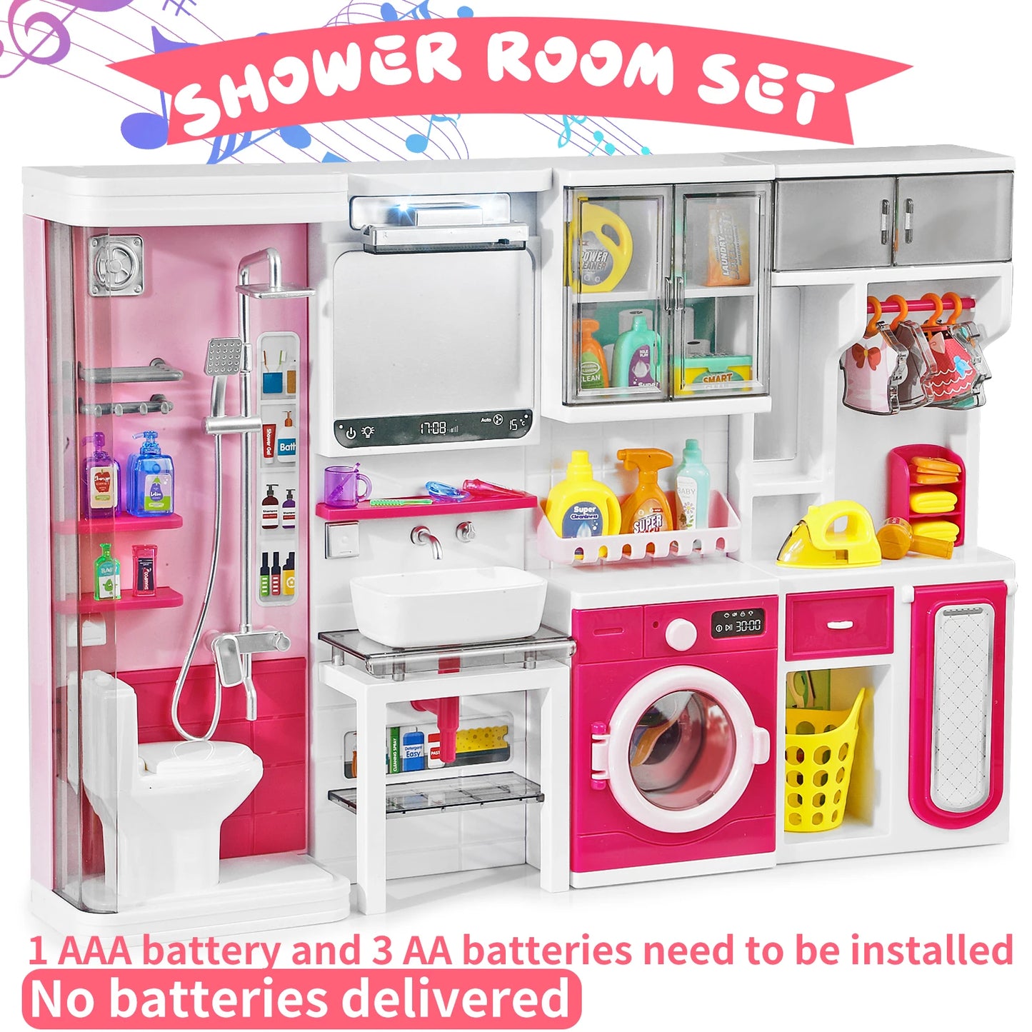Pink Bathroom Playset with Shower, Vanity, Laundry Cabinet, and Ironing Board, Christmas/Thanksgiving/New Year Gift.