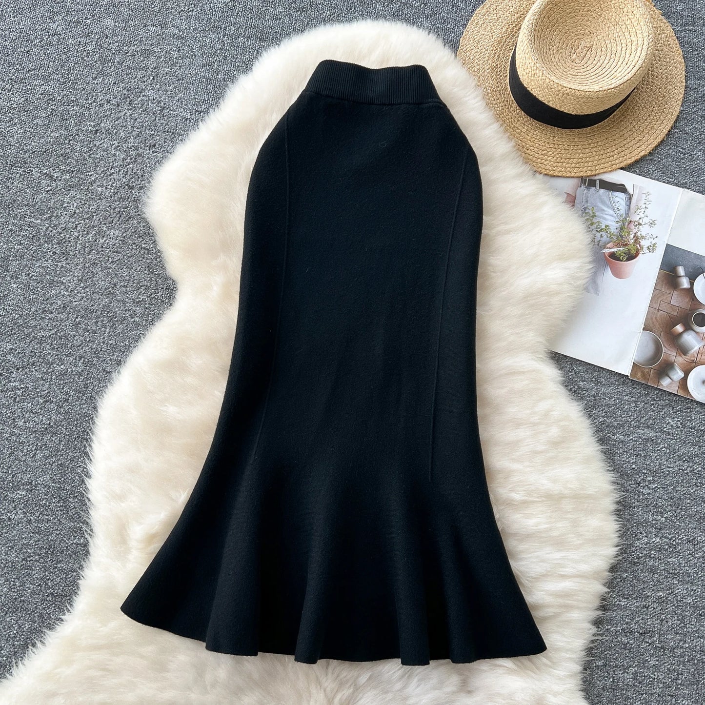 High Waisted Vintage Knitted Skirt Women Ruffled Slit Fishtail Office Midi Skirts Autumn Winter Woolen Skirt.