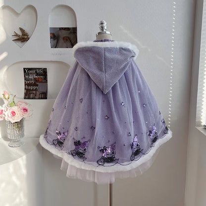 Anime Kuromi Lolita Kleid und Umhang Set Strickpullover Spleißen Mesh Prinzessin Kleid Partykleid Herbst Winter Urlaub Geschenk