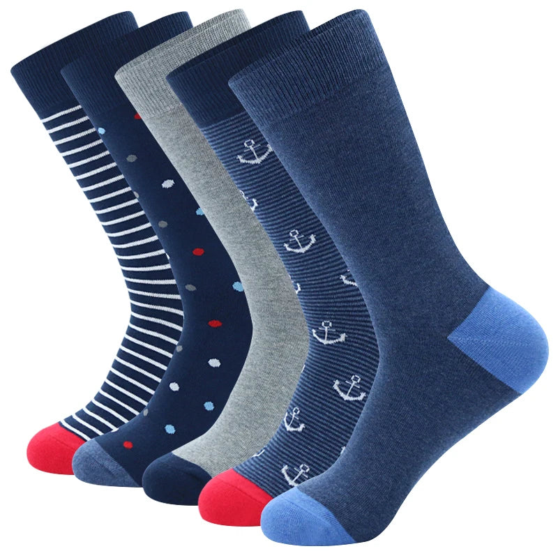 5 Pairs Mens Dress Socks Plus large Size，High Quality Combed Cotton Crew Socks，Black Cool Argyle Breathable Casual Socks for men