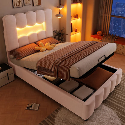 Modernes Polsterbett, 90 x 200 cm, ohne Matratze, LED-Beleuchtung, mit hydraulischem Gerät, verstellbarer Kopfteil, Samt, Grau