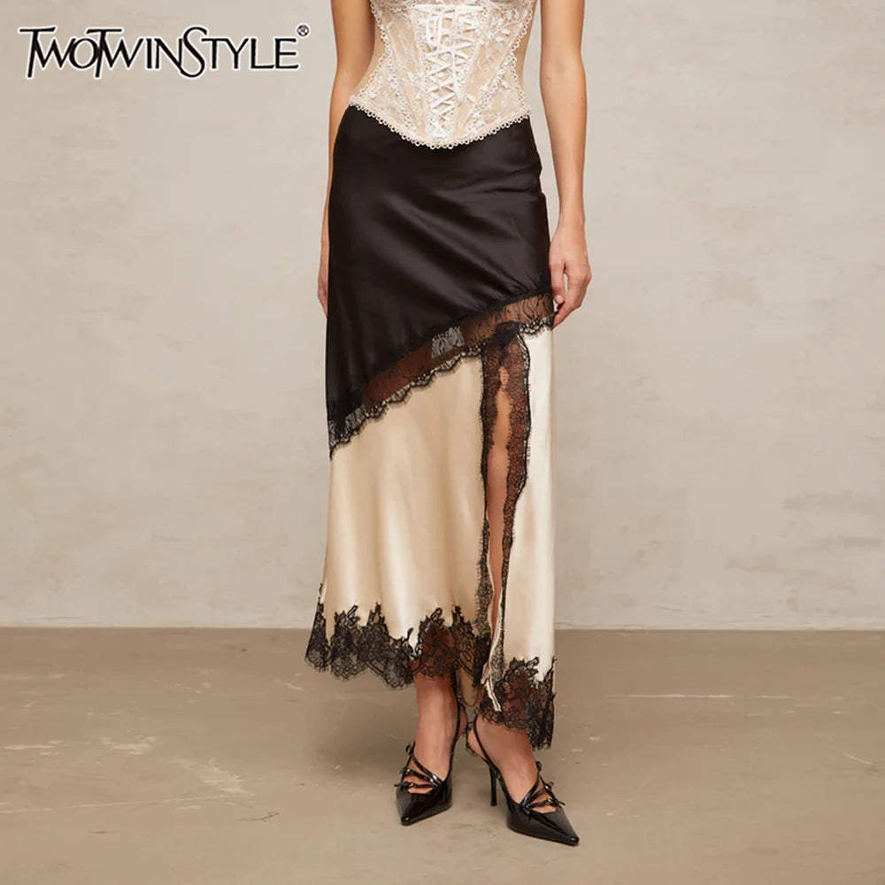 TWOTWINSTYLE Colorblock Slimming Fashion Midi Skirts for Women Patchwork Lace Temperament Skirt Female Elegant Clothing Style.