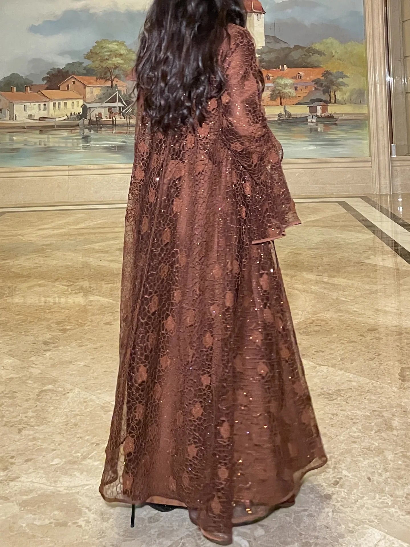 Muslim Women Abaya Dress 2 Piece Set Flare Sleeve Lace Sequin Satin Morocco Caftan Dress Musulman Ensembles Cadigan Outfit Suits.