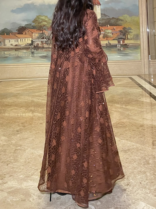 Muslim Women Abaya Dress 2 Piece Set Flare Sleeve Lace Sequin Satin Morocco Caftan Dress Musulman Ensembles Cadigan Outfit Suits.