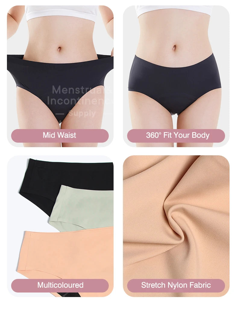 Seamless 4-Layer Menstrual Panties Mid-brief Breathable Reusable Leakproof Underwear for Women Fast Absorption.