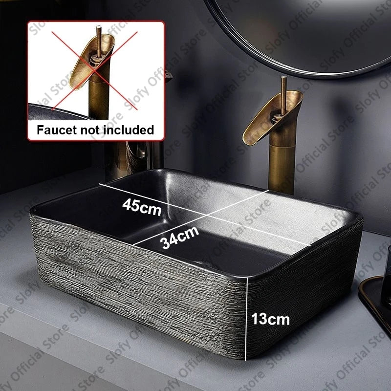 Retro-Kunst-Keramikwaschbecken, mehrere Stile, schwarzes Waschbecken, Einzelschüssel, Low-Key-Luxus-Aufsatzwaschbecken für Haushalt, Hotel, Badezimmer