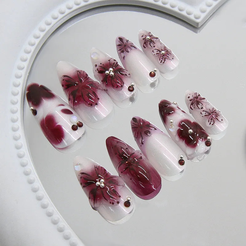 24pcs Flower Print Press on Nails Wine Red Blush Almond False Nail Tips Wearable Reusable Summer Spicy Girl Fake Nails.