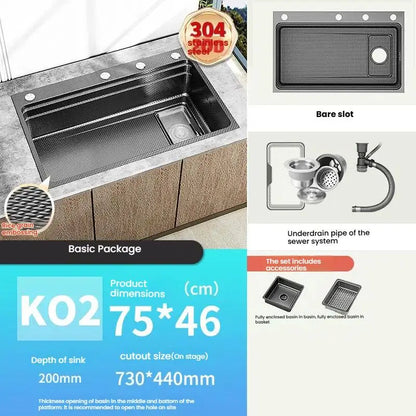Gray 304 Stainless Steel Kitchen Sink Wash Dish Bowl Nano Embossing Large Single Slot Multifunctional Household Undermount Basin