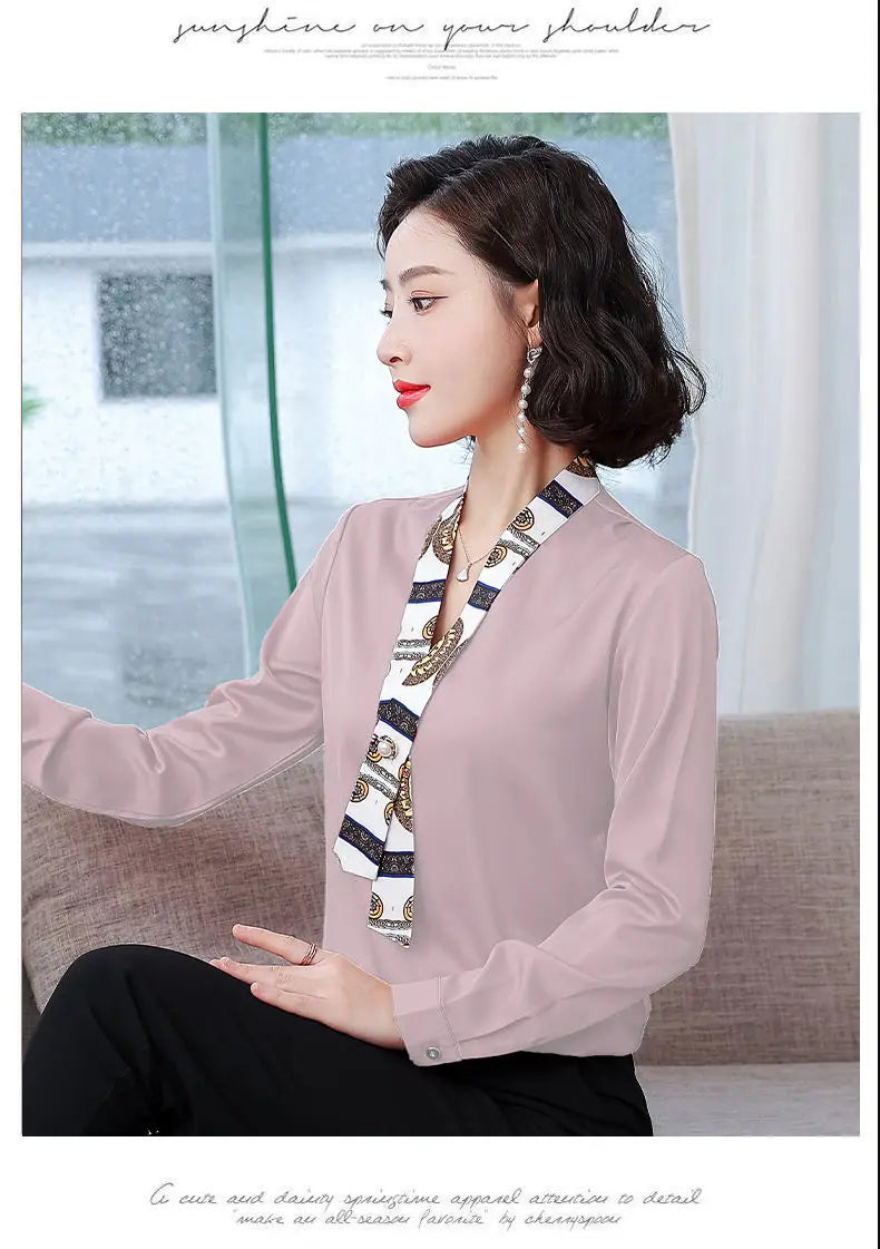 Women's fashionable streamer tops fashionable and elegant small fragrance style covering the belly satin shirt.