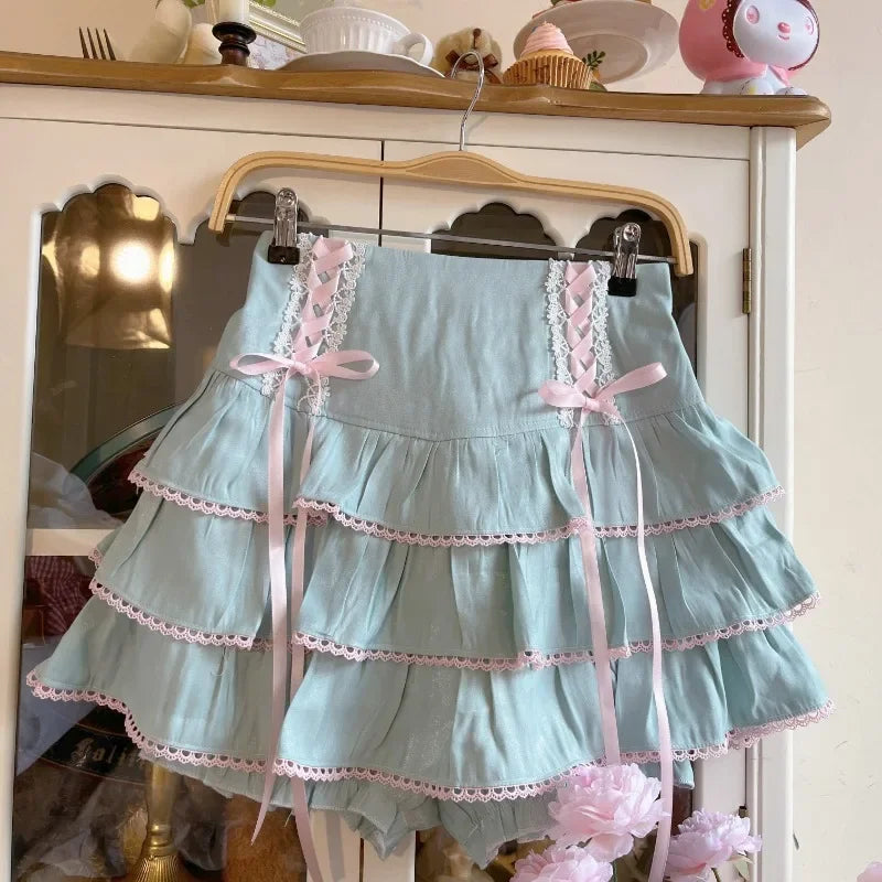 Japanese Kawaii Lolita Style Pleated Skirts Women High Waist Pink Bandage Fairy Y2k Aesthetic Skirt Cute Faldas Mujer Moda 2024
