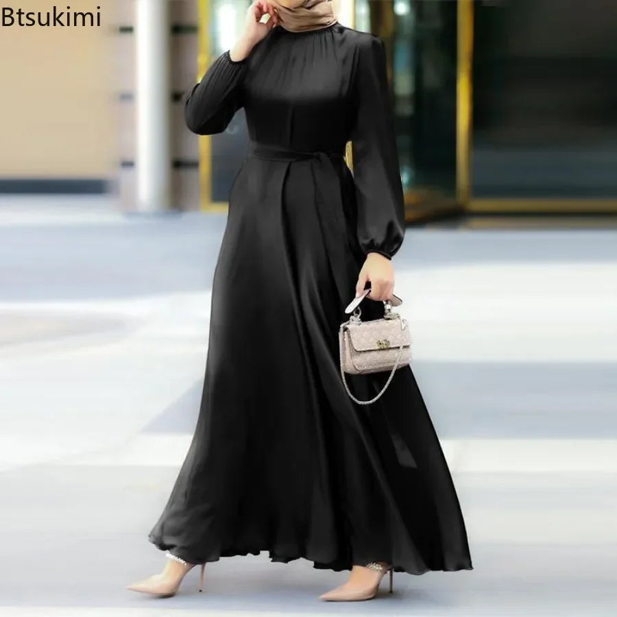 Elegantes Maxikleid für Frauen, solide Laternenärmel, Party-Abendkleid, modische Schnürung, lange Röcke, muslimische Abayas, Dubai, Robe Femme.