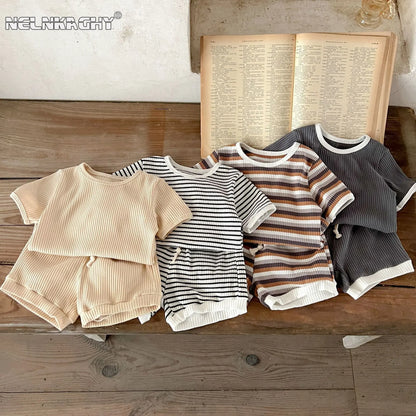 Korean Version Summer Kids Baby Girls Boys Short Sleeve Striped Top Tees +shorts Pants Infant Cute Pure Cotton Clothing Set.