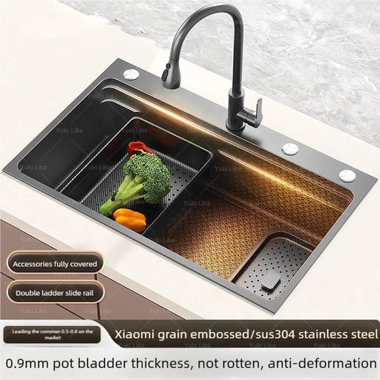 Black 304 Stainless Steel Kitchen Sink Household Multifunction Wash Dish and Vegetables Basin Large Single Slot Undermount Basin