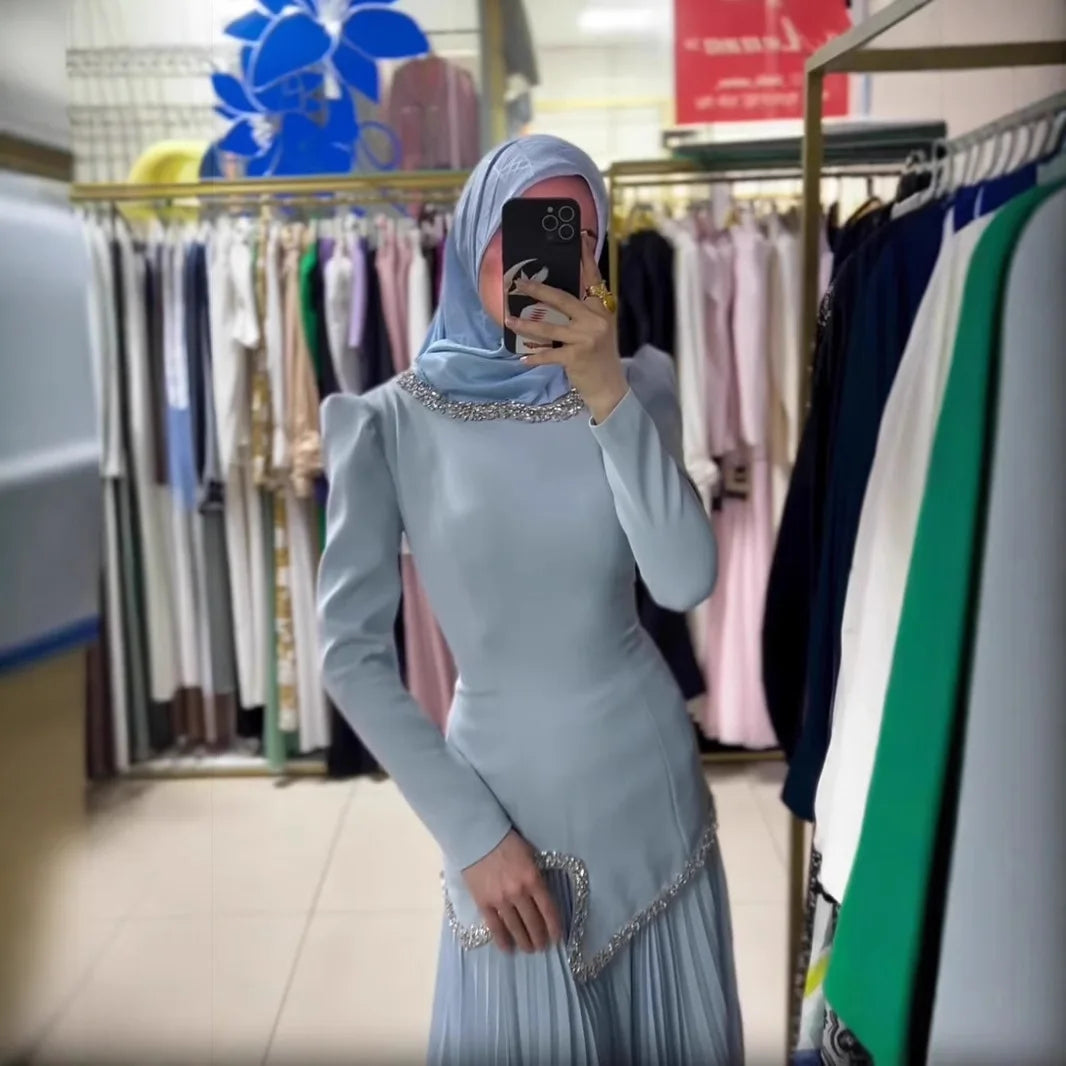 Eid Women Dress Muslim Abaya Pleated Shirt Skirt 2 Piece Set Diamond Party Ramadan Long Dresses Vestidos Largos Arab Long Robe.