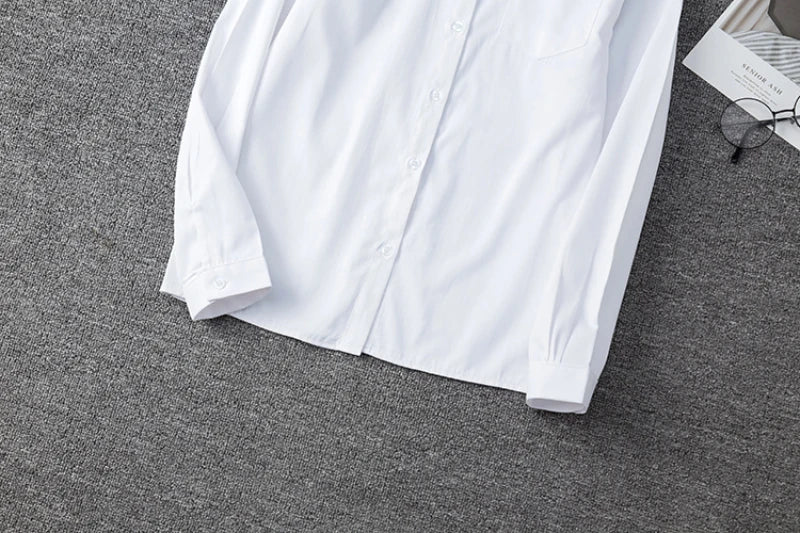 Zoki White Women Shirt Fashion Long Sleeve Casual Turn Down Collar Female Blouse Loose Pocket Button Office Ladies Elegant Tops.