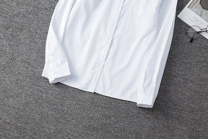 Zoki White Women Shirt Fashion Long Sleeve Casual Turn Down Collar Female Blouse Loose Pocket Button Office Ladies Elegant Tops.