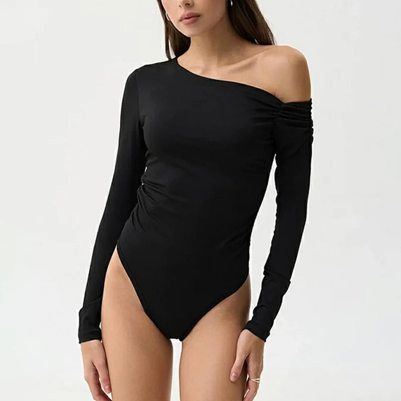 Sexy Asymmetrical Sloping Shoulder Off Shoulder Base Solid Color Simple Long Sleeved Pleated Slim Fit Bodysuit Women's Clothing.