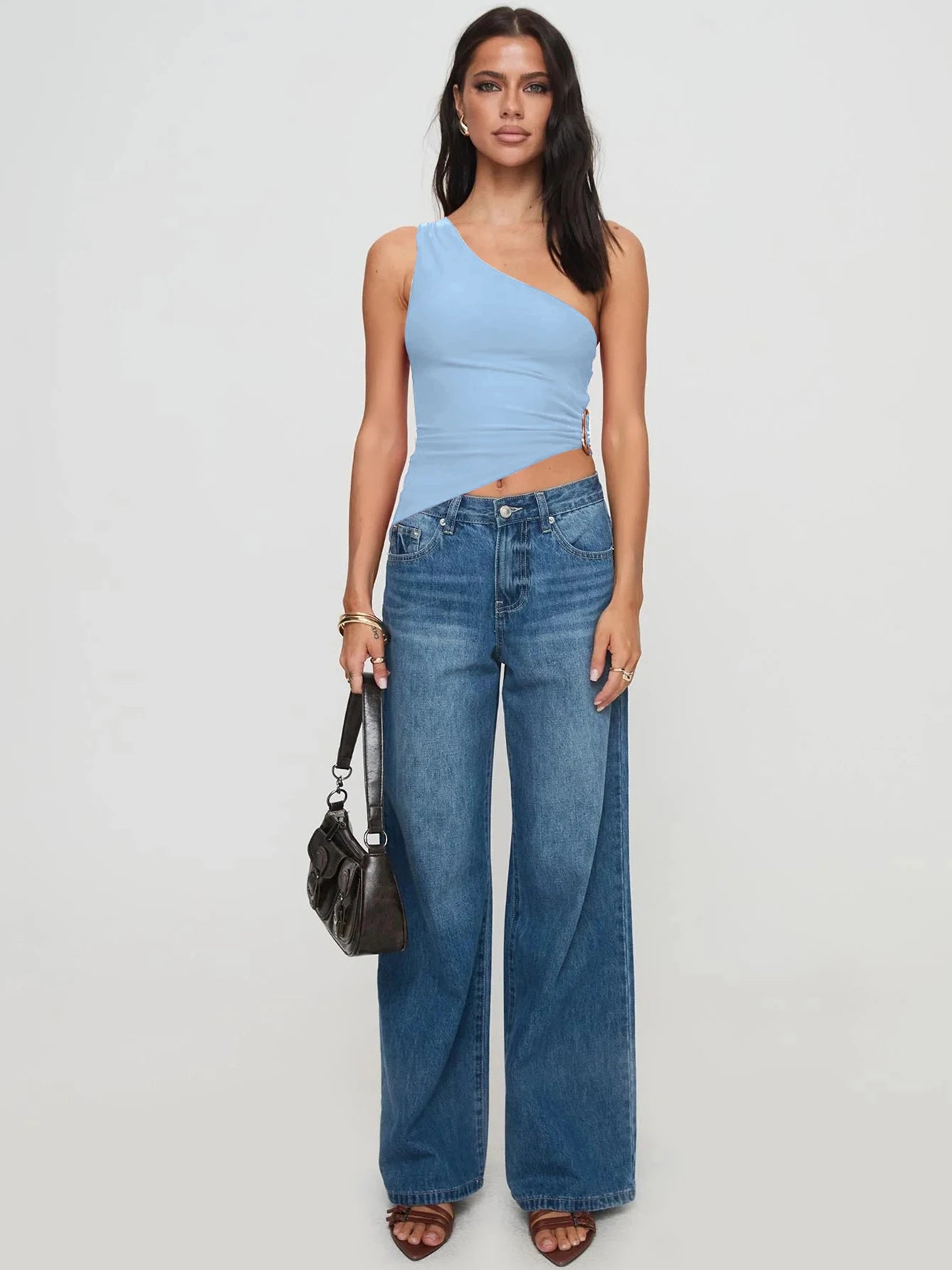 Dulzura One Shoulder Sleeveless Backless Bodycon Irregular Metal Button Tank Top Solid Sexy Casual Y2K Tops Party Street Outfit.