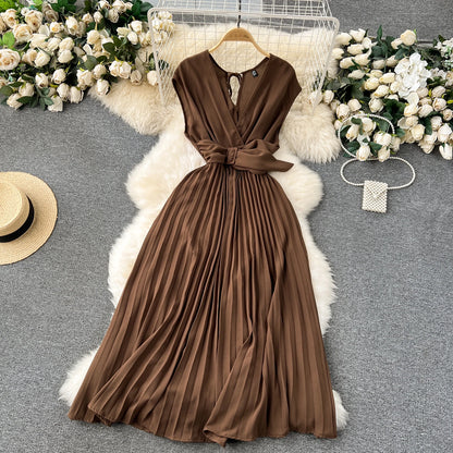 Französisch Vintage elegante Plissee Vneck Kleid A-Linie Mode Chiffon Frühling Herbst ärmellose Vestidos Frauen kleider.