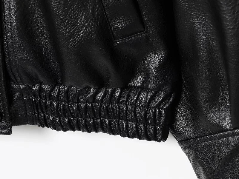 MUJER Schwarze Bomberjacken für Damen, Büro, Kunstleder, Damenjacke, Druckknopf, Wintermäntel für Damen, Mantel, Oberbekleidung