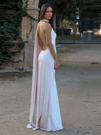 Band hängenden Hals lange Kleider schräg Schulter schnüren rücken frei seidig Satin Temperament Slim Fit Neck holder Frau Fischschwanz Kleid