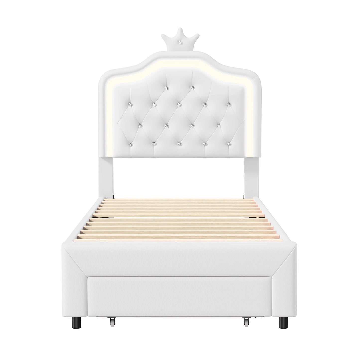 Rosahqnda Kinderbett, gepolsterter Bettrahmen, Krone, Kopfteil, Schubladenschrank, verstellbare Kopfteil-Lederoberfläche