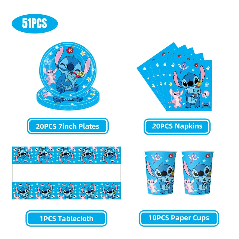 Stitch Party Supplies für Kinder Lilo und Stitch Geburtstag Party Dekorationen Luftballons Banner Tischdecke Hintergrund Geschirr