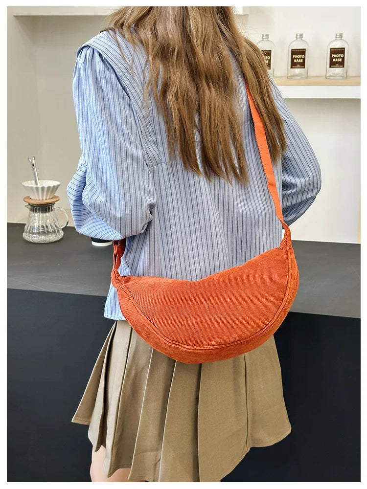Solid Color Corduroy Women's Hobos Shoulder Bag Retro Casual Female Crossbody Bags Ladies Daily Travel Handbags Messenger Bag