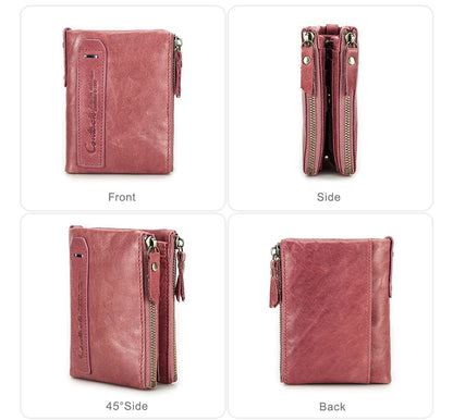 Fashion Genuine Leather Women Wallet Bi-fold Wallets Red ID Card Holder Coin Purse With Double Zipper Small Women's Purse 2022