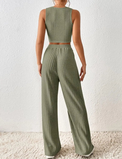 New Spring Solid Color Fashion Casual Knitted Cotton Waist Sleeveless Tank Top High Waist Pants Set For Women's Clothing.