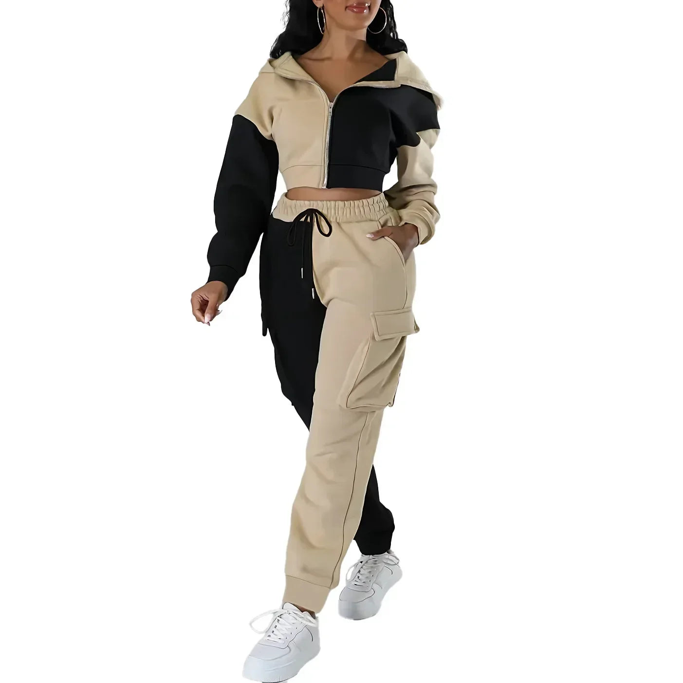 Women Loose Autumn Winter Two Pieces Suit Matching Sets Hoodie Tracksuit Blocked Zipper Short Outerwear Drawstring Cargo Pants.