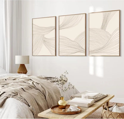 3 Pcs/Set Modern Abstract Wall Arts Beige Bohemian Canvas Mid-Century Piece Posters Geometric Line Printed Painting, No Frame.