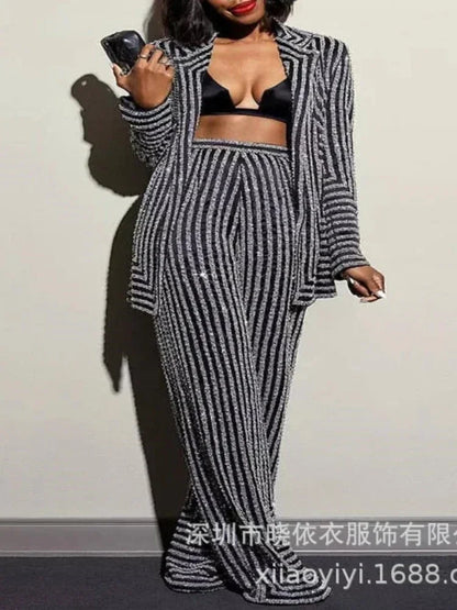 Sexy Women Two Piece Sets Print Striped Slim Fit Full Sleeve Coats Office Ladies Knitted Floor Length Pants Set Temperament.