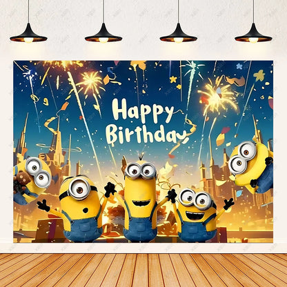 Cartoon M & Minions Geburtstag Party Dekoration Einweg Geschirr Tasse Teller Tischdecke Luftballons Gelb Große Augen Hintergrund Banner