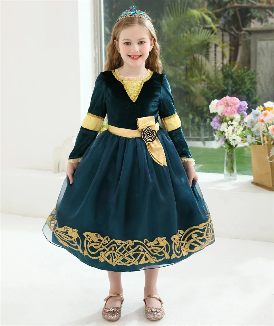 Girls Merida Cosplay Princess Dress Children Stage Performance Clothes Kids Halloween Carnival Party Long Sleeves Outfits